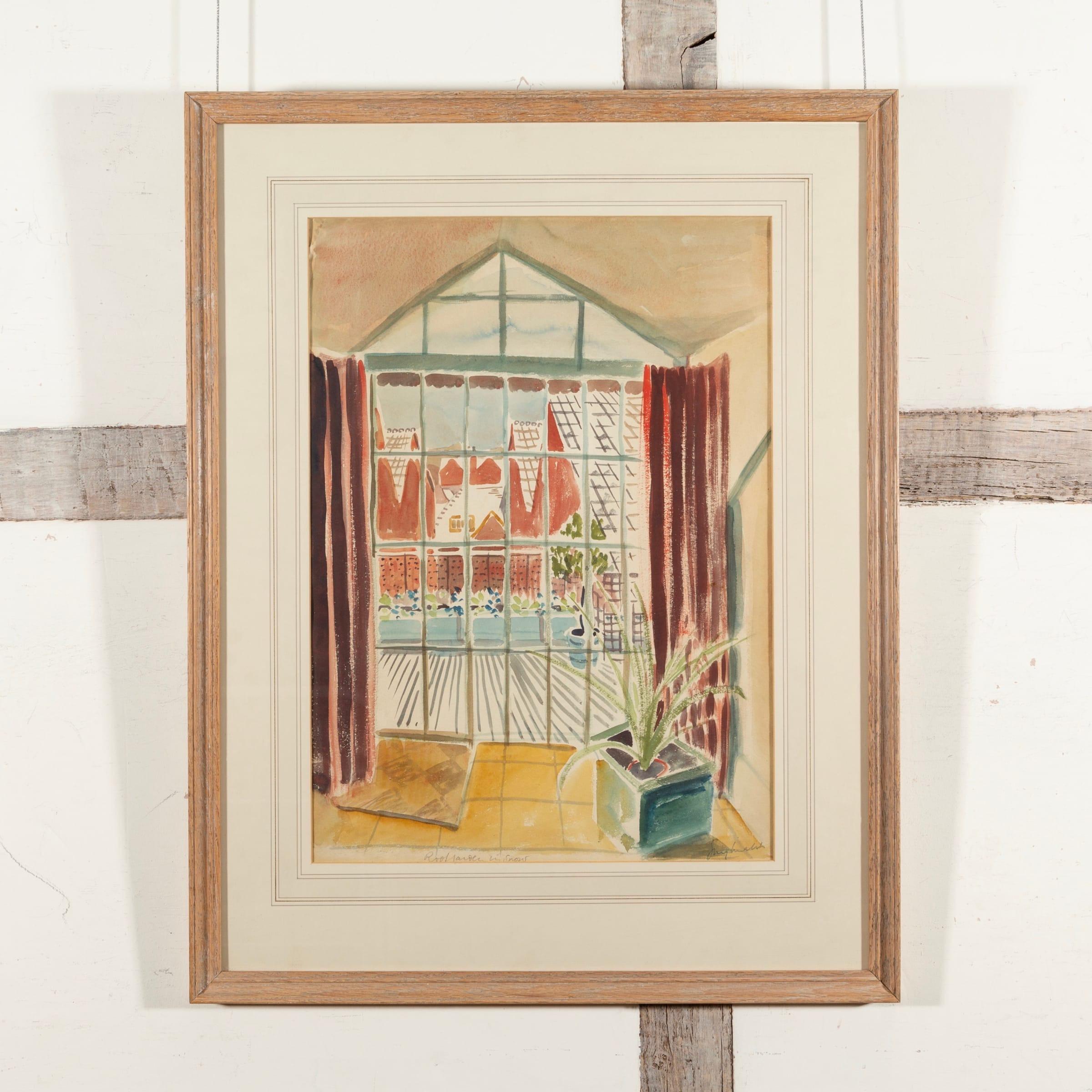 Dachgarten im Schnee (Holland Park Road), Gemälde von Guy Malet, um 1950 – Art von Unknown
