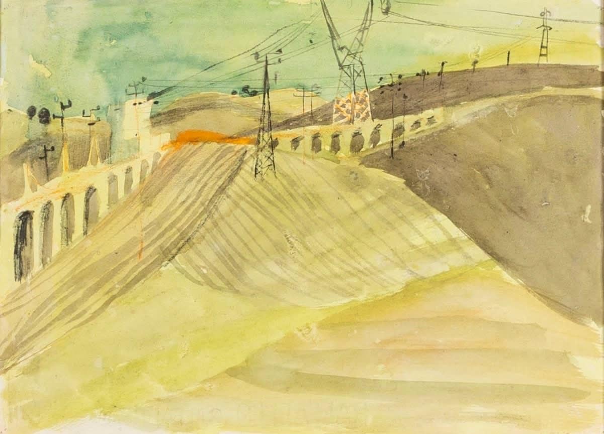 Unknown Landscape Art - Italian Landscape with Pylons, Watercolour and Charcoal by Peter Potworowski