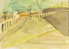 Paysage italien avec pylons, aquarelle et anthracite de Peter Potworowski