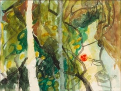 Scena di bosco con mela rossa, acquerello di Peters Potworowski