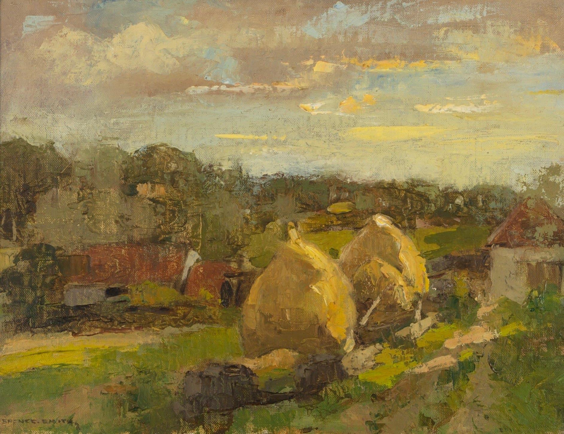 Haystacks, Öl auf Leinwandkarton von John Guthrie Spence Smith