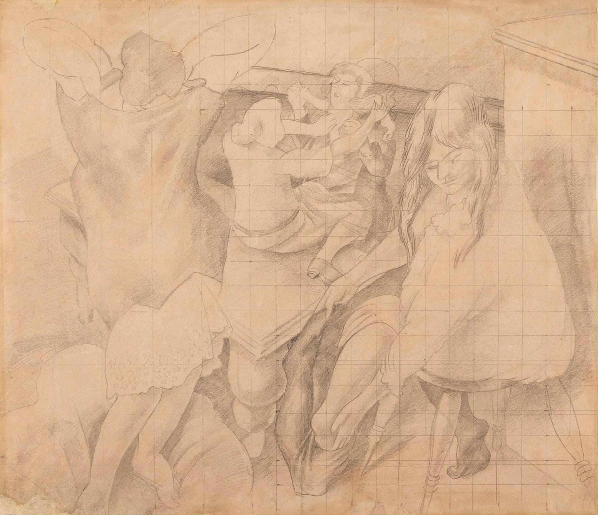Study for Going to Bed Zeichnung, Bleistift auf Papier von Stanley Spencer, 1935

Zusätzliche Informationen:
Medium: Zeichnung, Bleistift auf Papier
54.6 x 63.5 cm
21 1/2 x 25 in

Es handelt sich um eine Studie für ein Gemälde aus Spencers neun