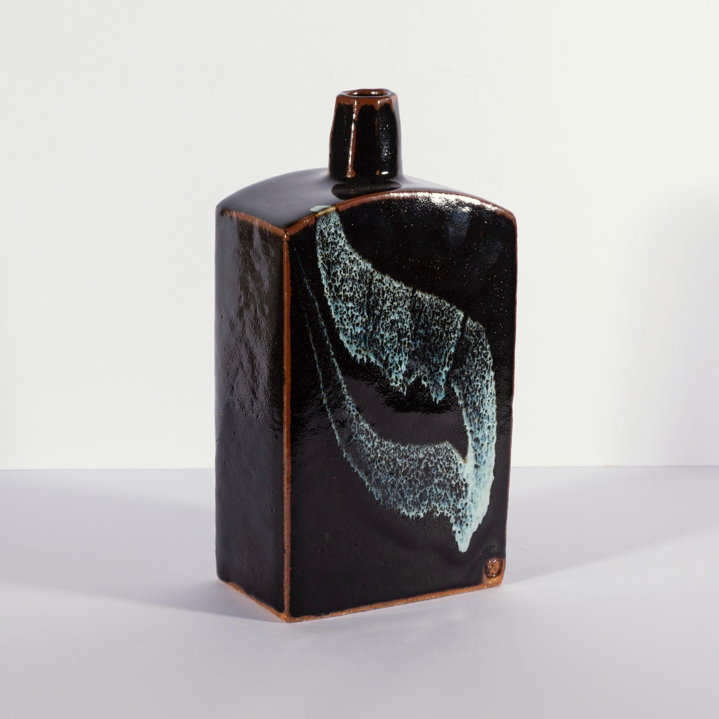 Dark Slab Bottle I, Stoneware with Tenmoku and Nuka Glazes - Art by Peter Swanson