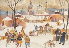 Russian School Mid 20th Century Watercolour - Village Scene in Snow