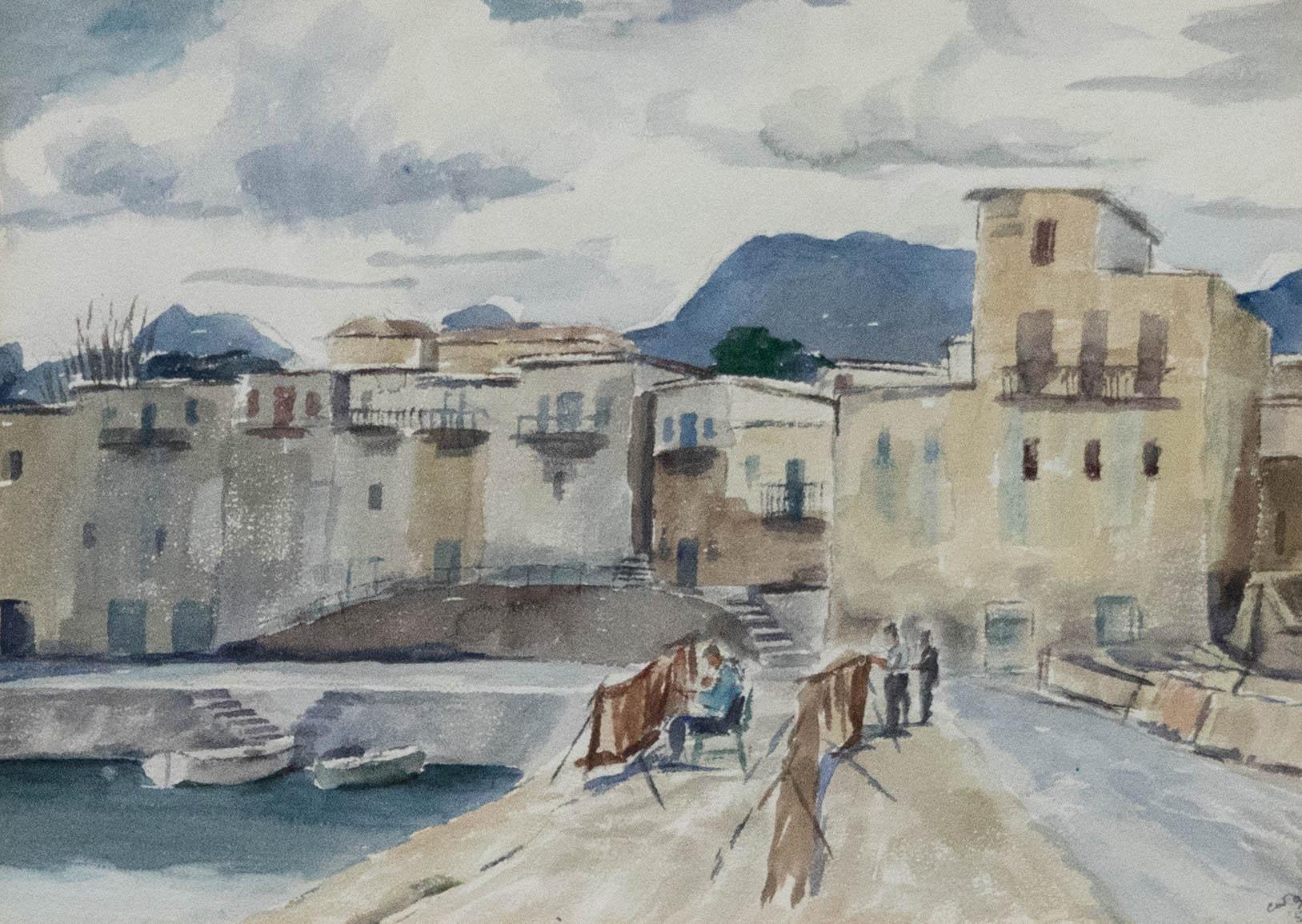 Aquarelle encadrée du milieu du 20e siècle - Mending Nets (raccommodage des filets) - Art de Unknown