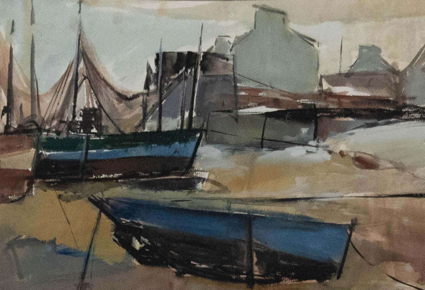 Acuarela enmarcada del siglo XX - Barcos de pesca en un puerto - Art de Unknown