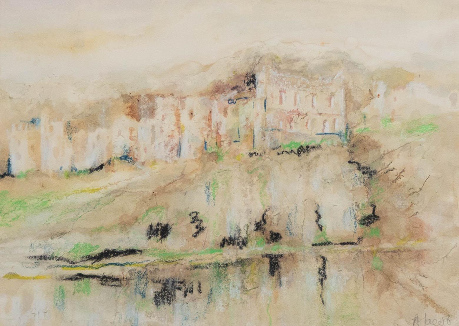 Gerahmt Pastell aus der Mitte des 20. Jahrhunderts – Schlossruinen – Art von Unknown