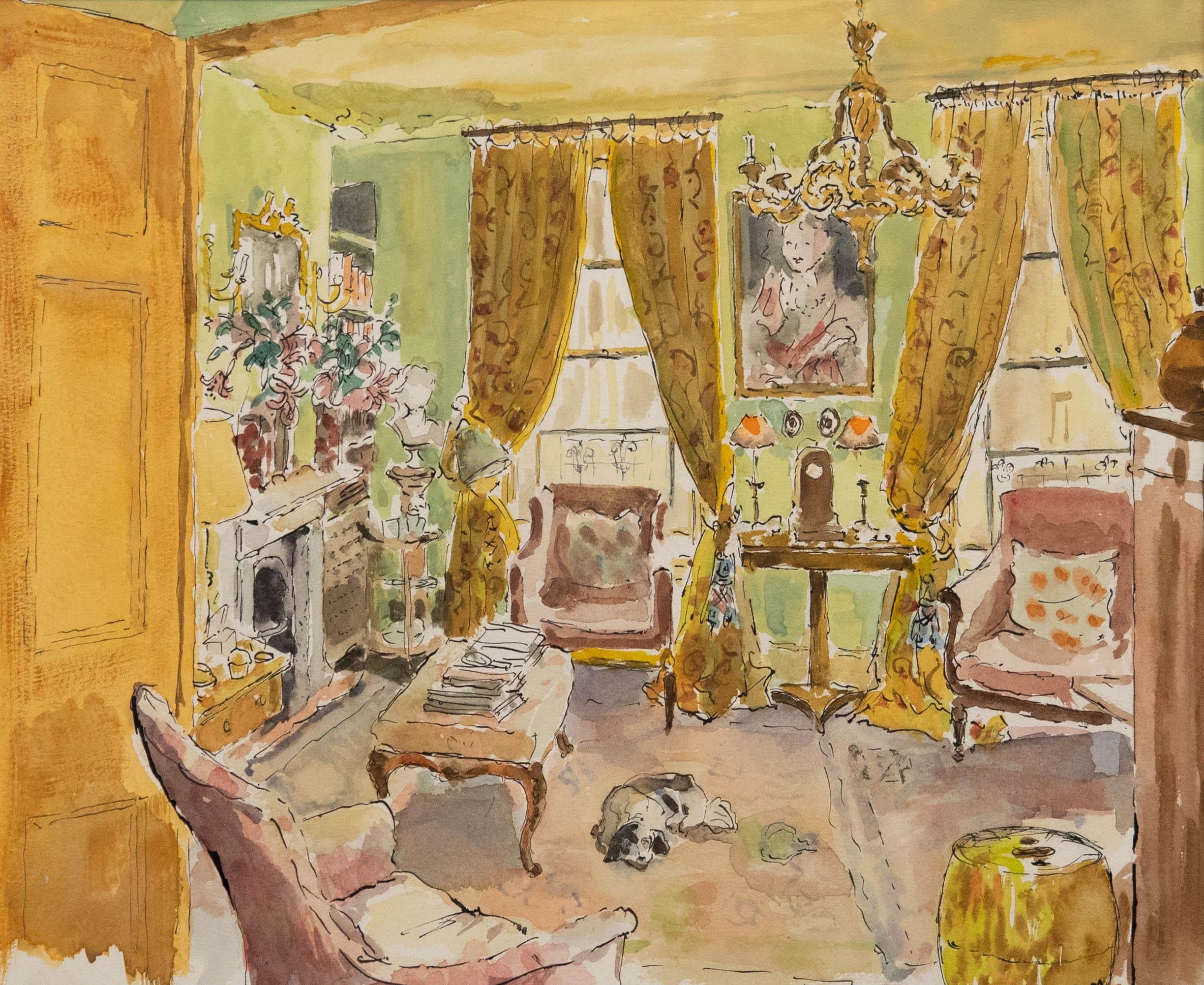 Sam - 20th Century Watercolour, Townhouse Interior - Art by Unknown