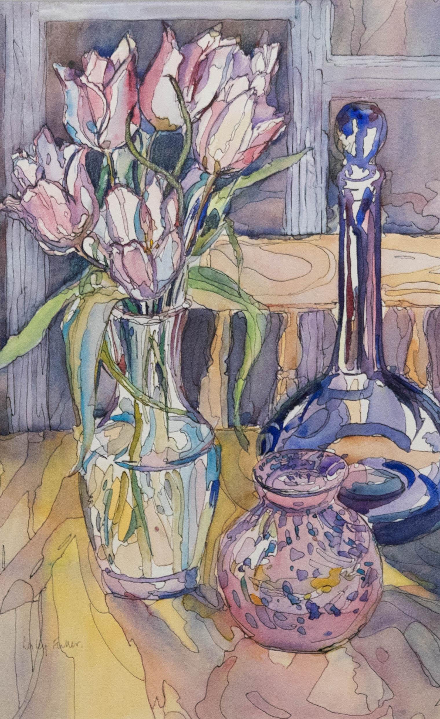 Lesley Fuller  - Contemporary Watercolour, Tulips and Blue Vase - Art by Unknown