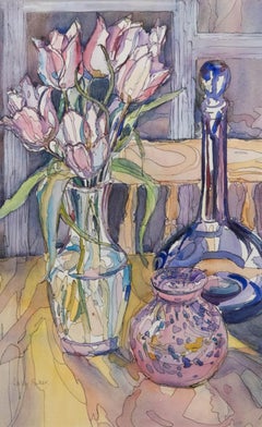 Lesley Fuller  - Contemporary Watercolour, Tulips and Blue Vase