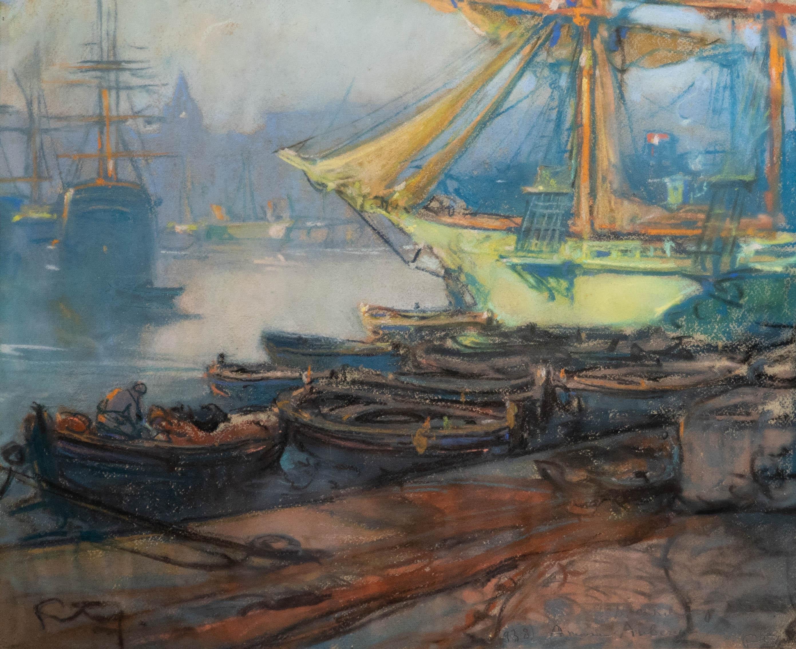 Louis Fortuney (1875-1951) - Pastello francese, Scena di porto all'alba - Art di Unknown