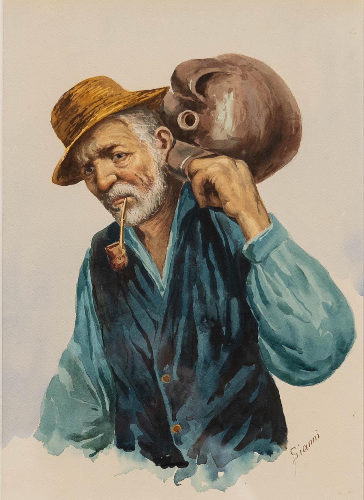 Gianni - Italian School 20th Century Watercolour, Portrait of a Man with Pipe For Sale 1