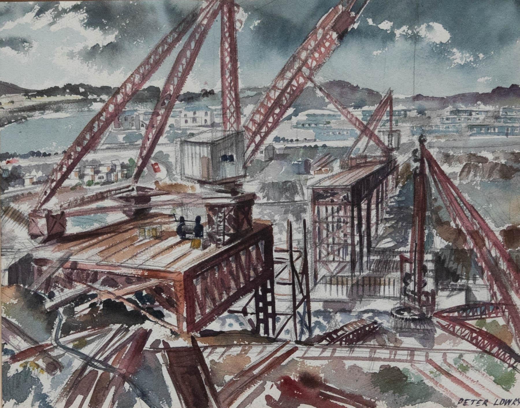 Peter Lowry – Aquarell des 20. Jahrhunderts, industrielle Landschaft mit Tower Cranes – Art von Unknown