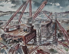 Peter Lowry - 20th Century Watercolour, Industrial Landscape with Tower Cranes