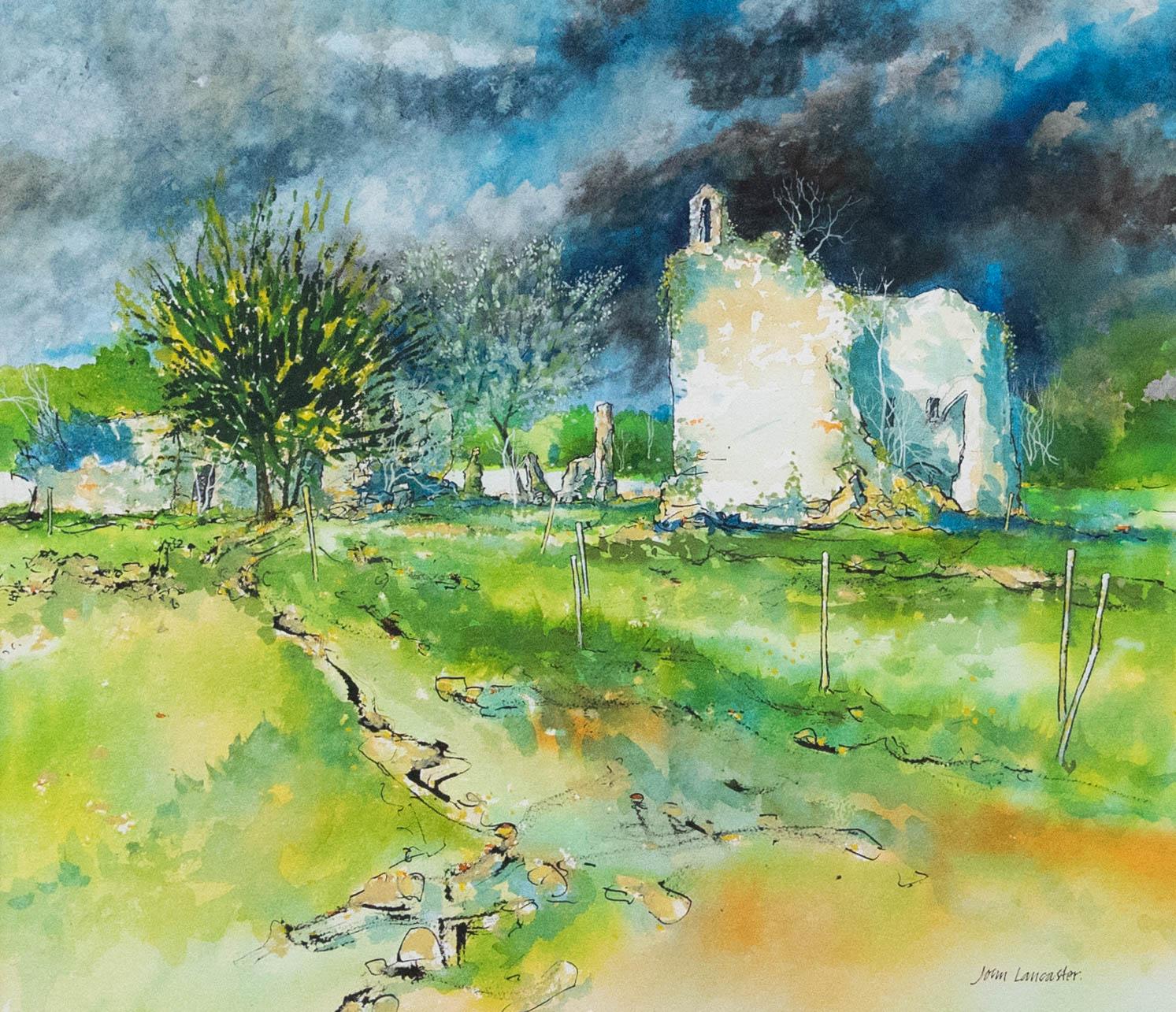 John Lancaster - Gerahmtes Contemporary Aquarell, Ruine der Tempelritterburg – Art von Unknown