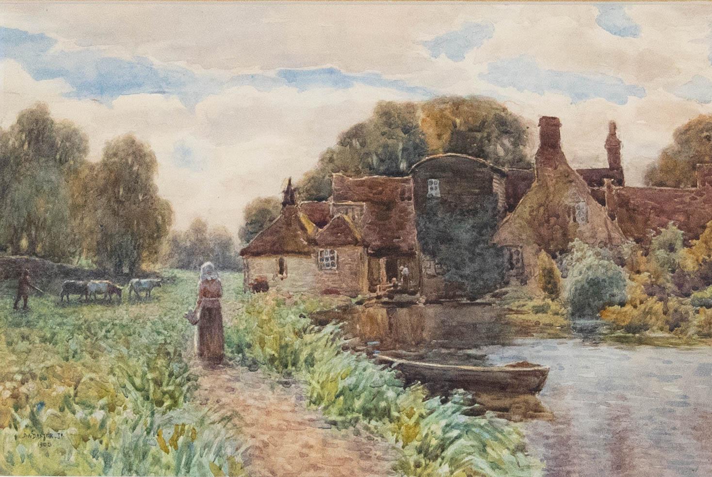 David A. Baxter Jr (1876-1954) - Acuarela enmarcada, Casitas en el río - Art de Unknown