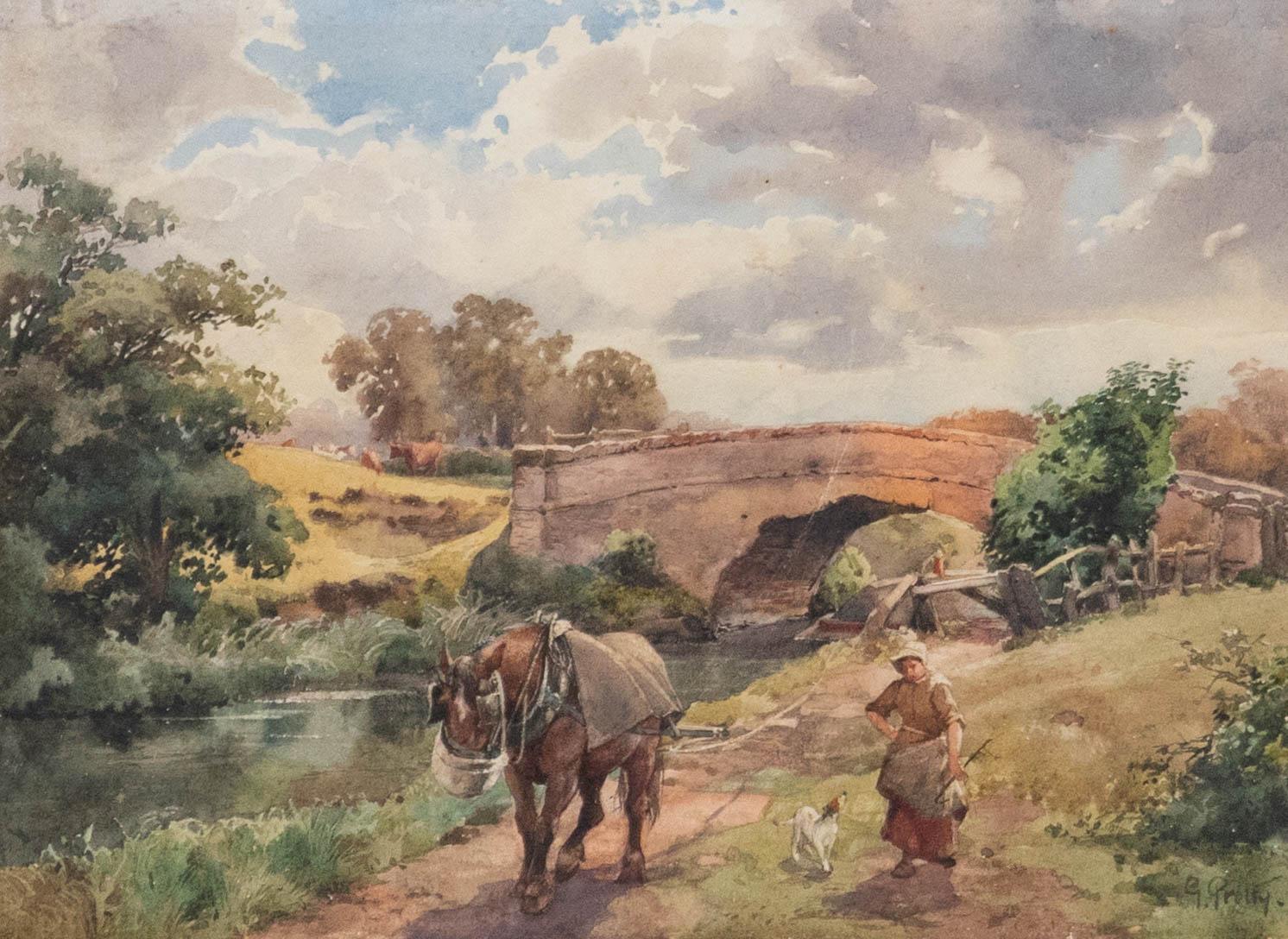 G. Grolly  - Acuarela de principios del siglo XX, Caballo en la orilla del río - Art de Unknown