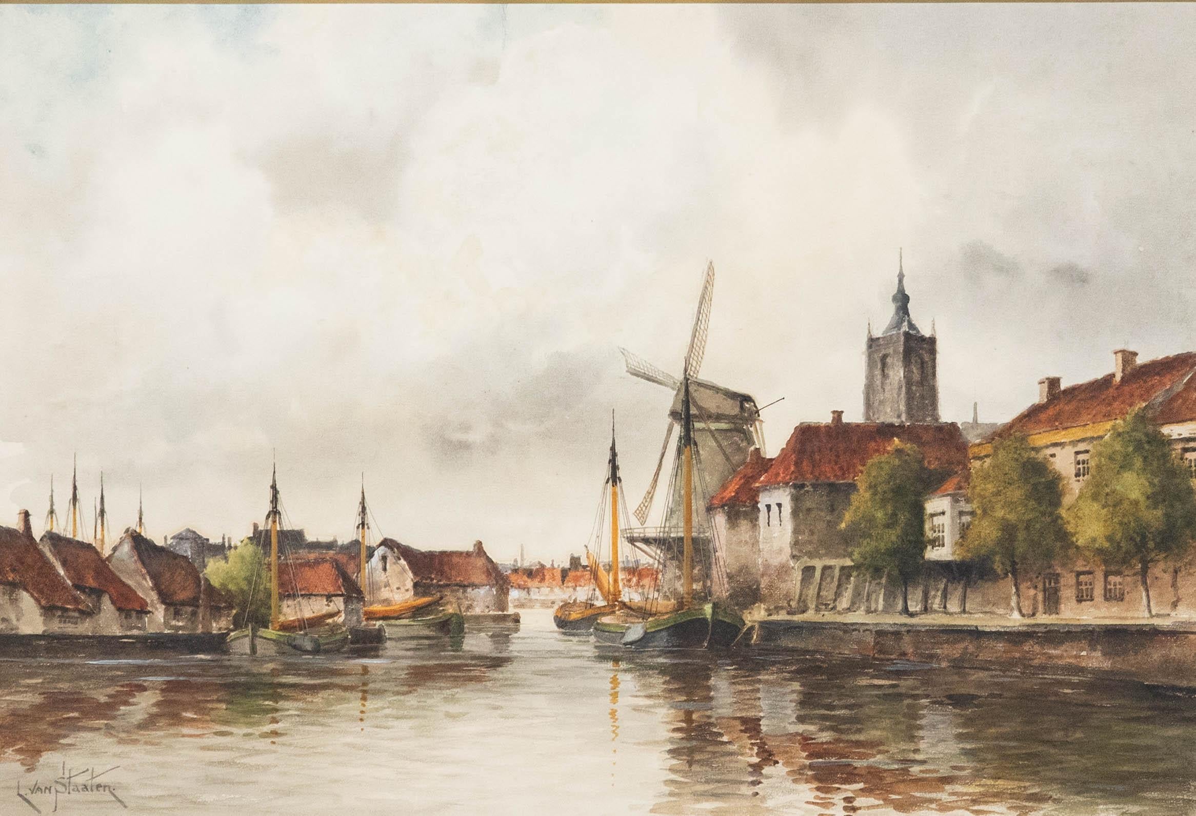 Aquarelle encadrée de Louis Van Staaten (1836-1909), scène néerlandaise près de Dordrecht en vente 1