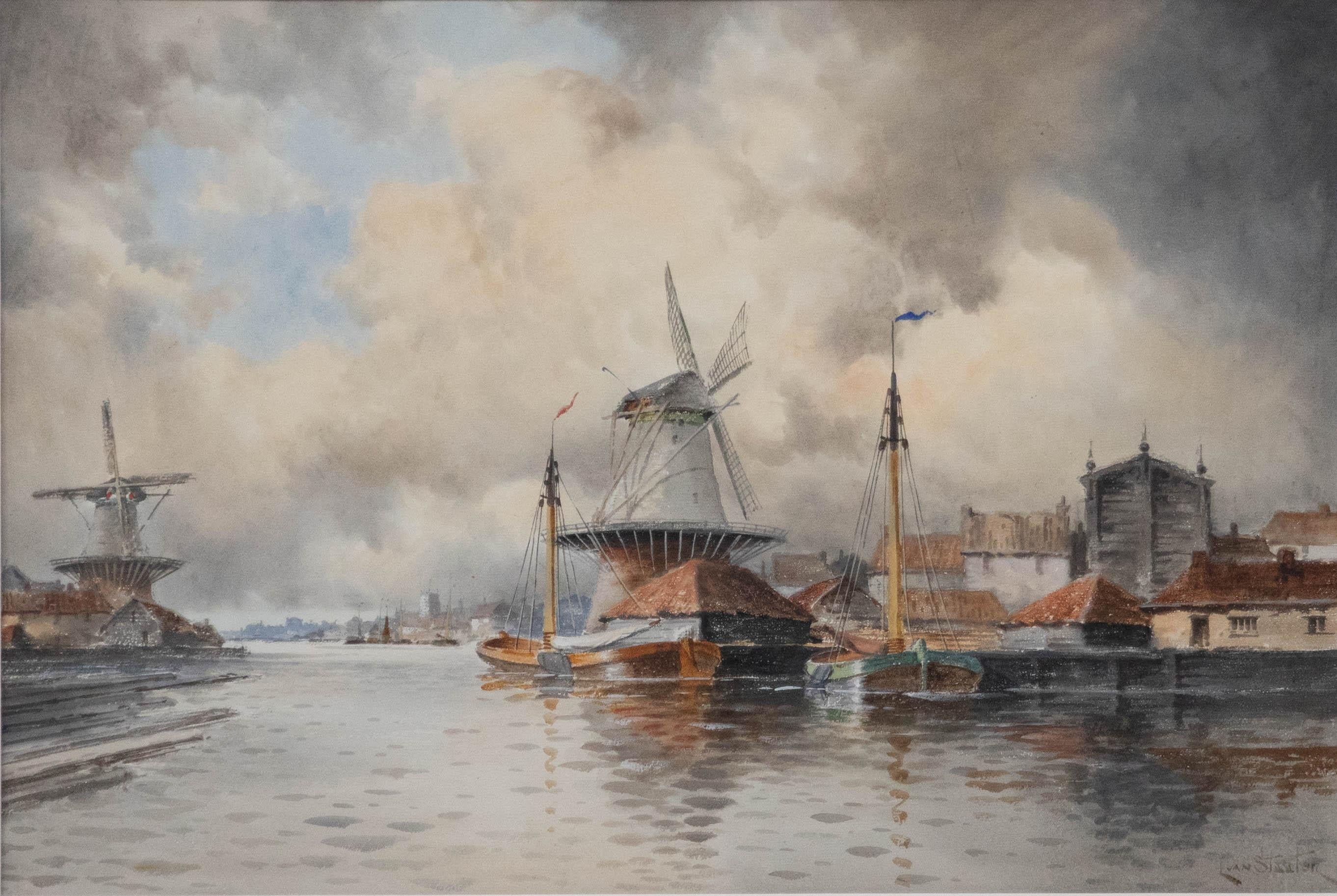 Louis Van Staaten (1836-1909) – Aquarell, niederländische Flusssssssszene mit Windmühlen im Angebot 1