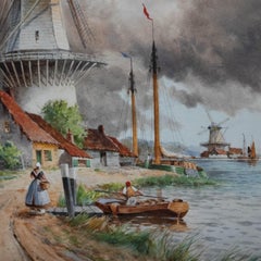 Louis Van Staaten (1836-1909) - Framed Watercolour, Figures by a Dutch Windmill