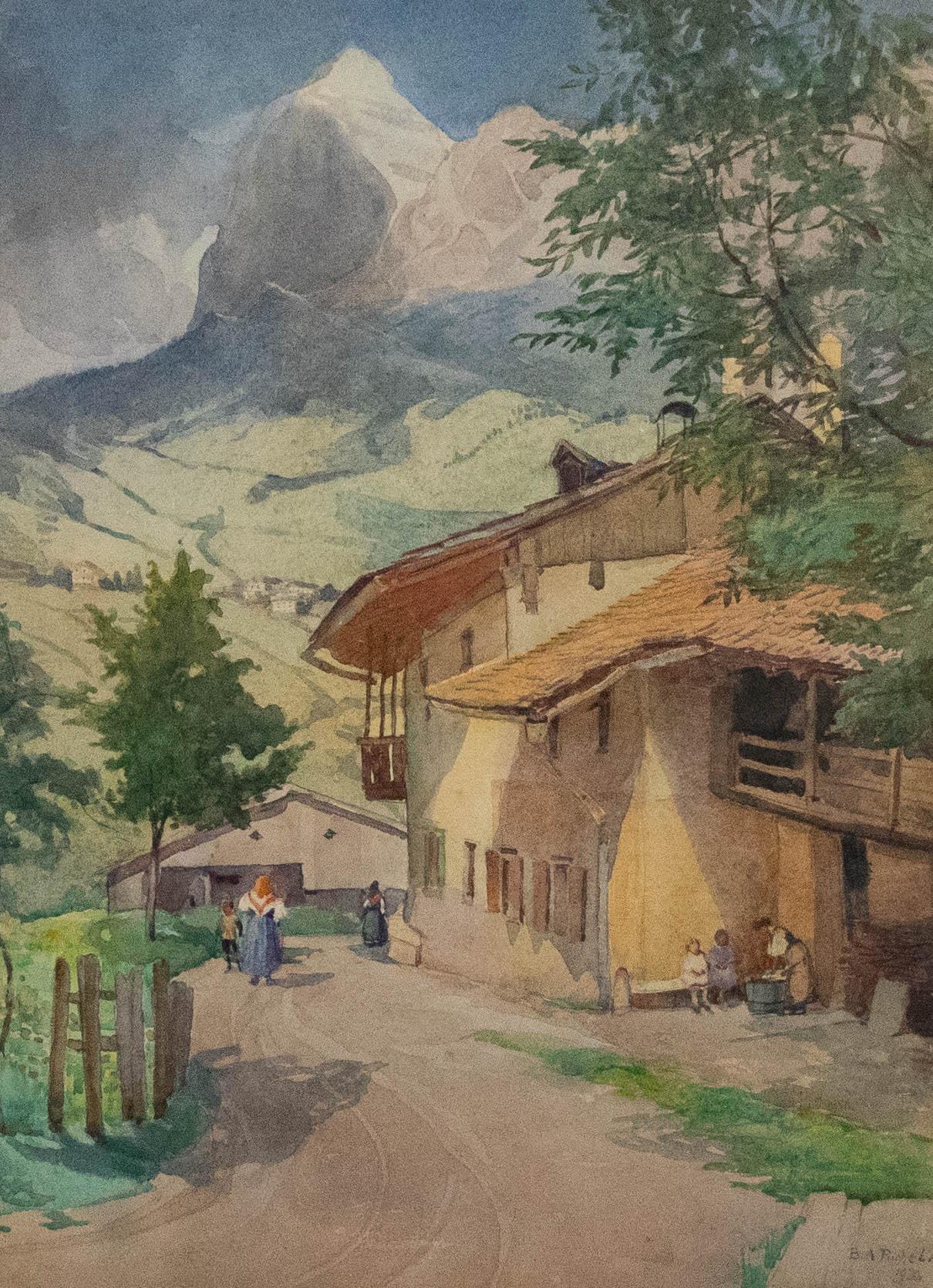 B. A. Pughe - Acuarela enmarcada de principios del siglo XX, Pueblo bajo la montaña - Art de Unknown
