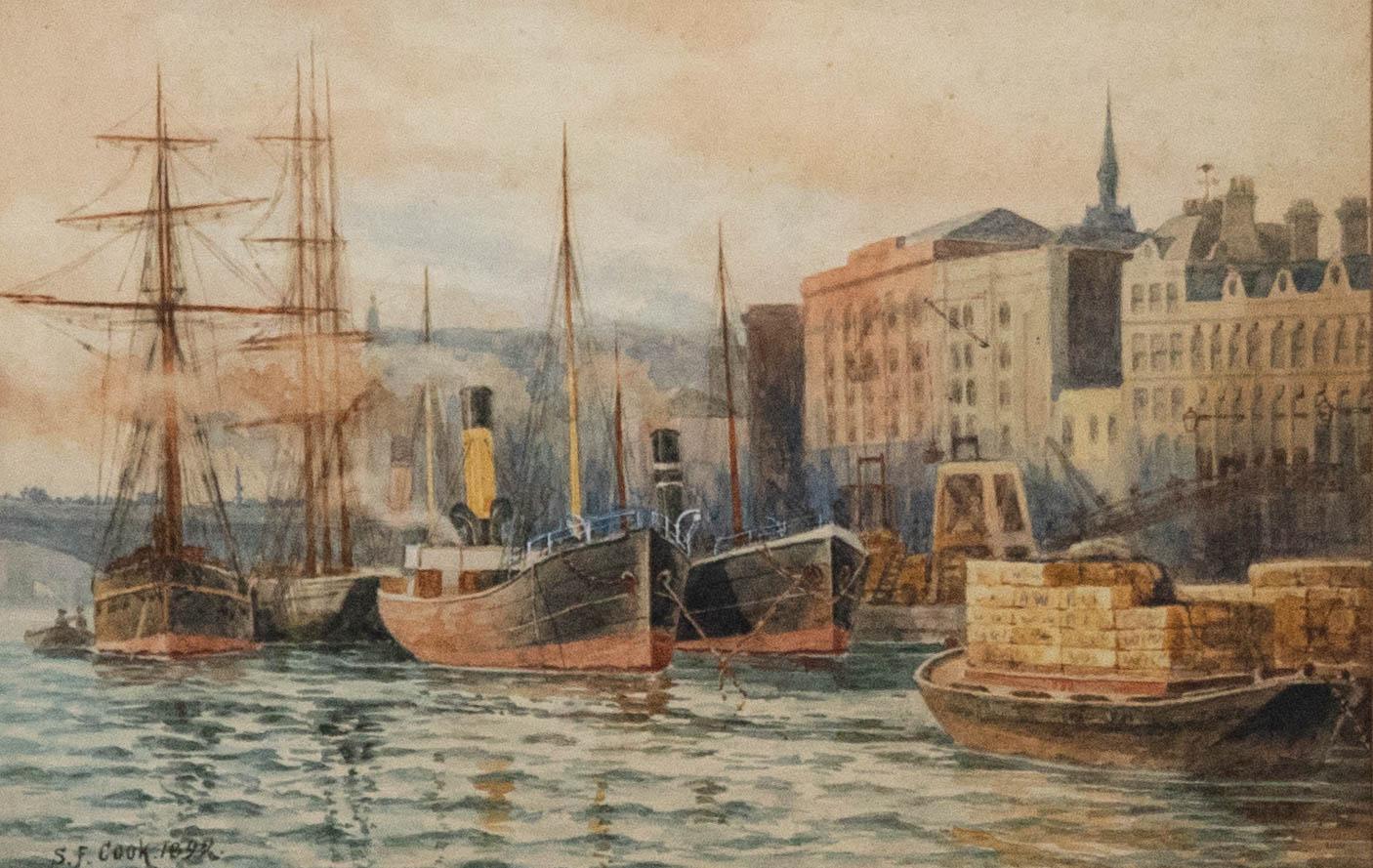 Sydney F. Cook - Framed Late 19th Century Watercolour, Cargo Ships in Dock - Art by Unknown