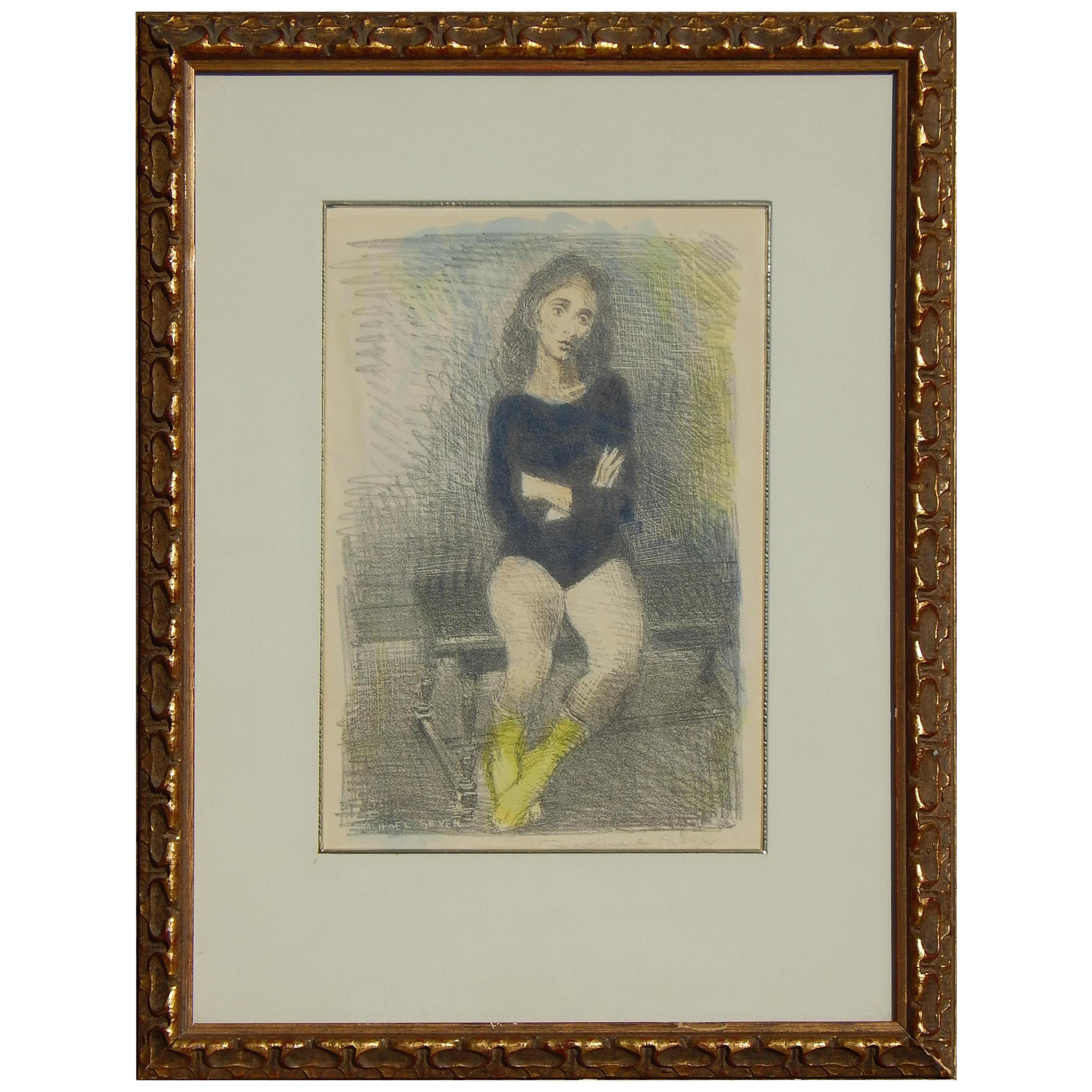 Raphael Soyer Litografía original - Acuarela añadida por la mano del artista, 1955 
La imagen mide 13" H x 8 ½" W. Medidas del marco: 23 1/4" H x 18" A
Firmado abajo a la derecha a lápiz debajo de la imagen y también abajo a la izquierda en la