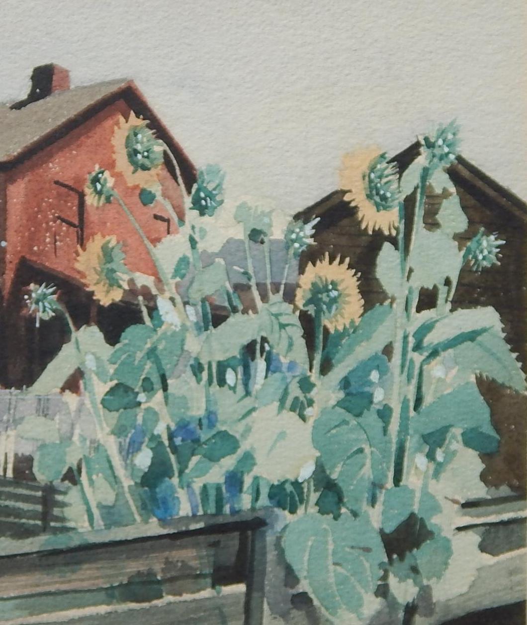 Acquerello originale di Stevan Dohanos, 1934 - Fattoria e girasoli in vendita 2
