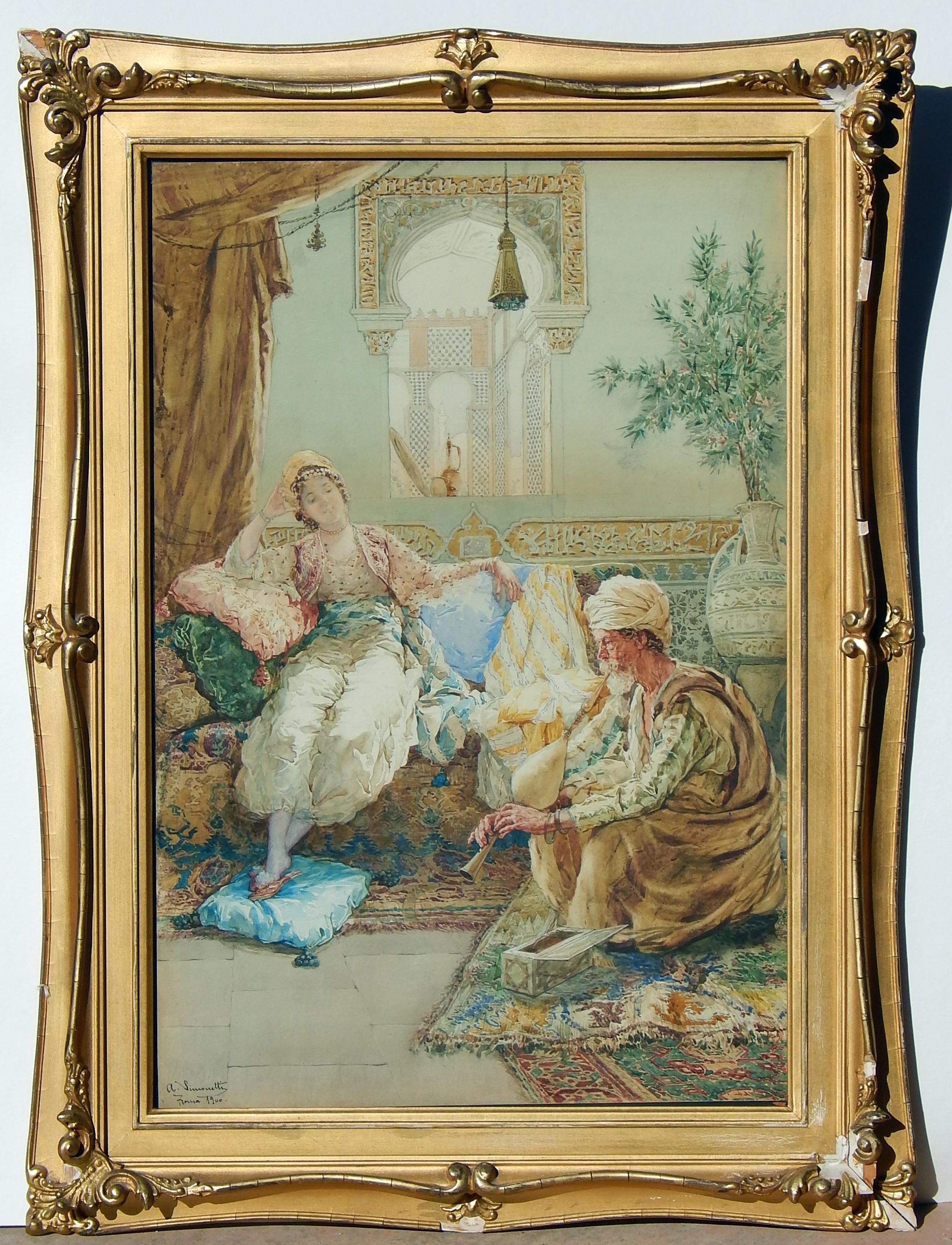 Aquarelle du peintre italien Amadeo Simonetti, orientaliste, 1900 - Marron Figurative Art par Amedeo Simonetti