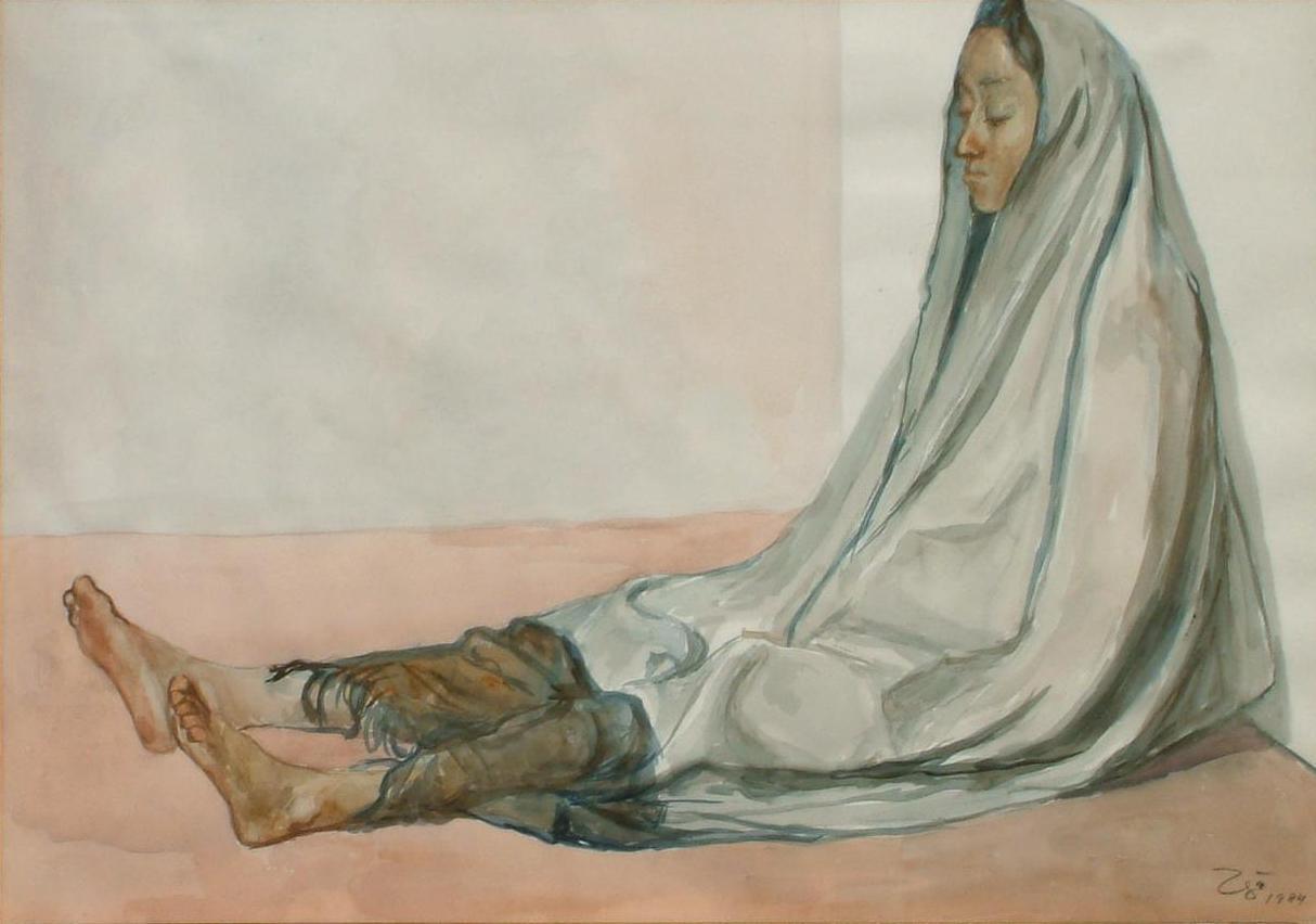 Francisco Zuniga Mexican Modernist Watercolor, 1984, “Mujer Sentada con Rebozo