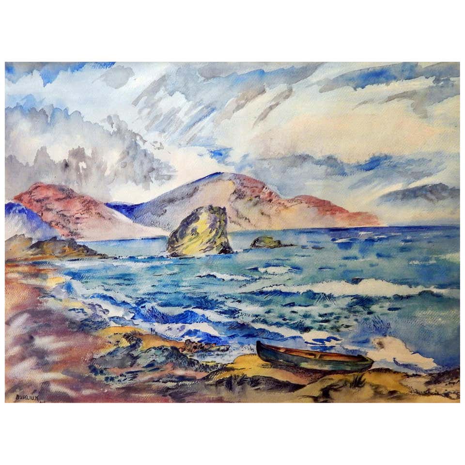 David Burliuk Signed Watercolor, 1947, Seascape