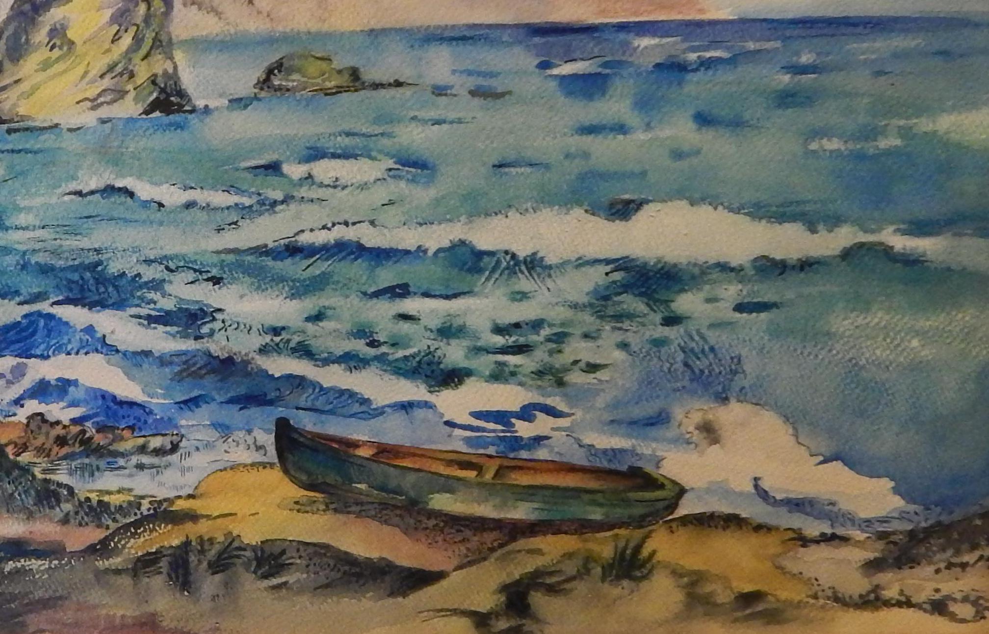 David Burliuk Aquarelle signée, 1947, paysage marin en vente 1