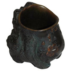 Pair of Mixed Metal Bronze Japanese Meiji Period Toad Brush Pots