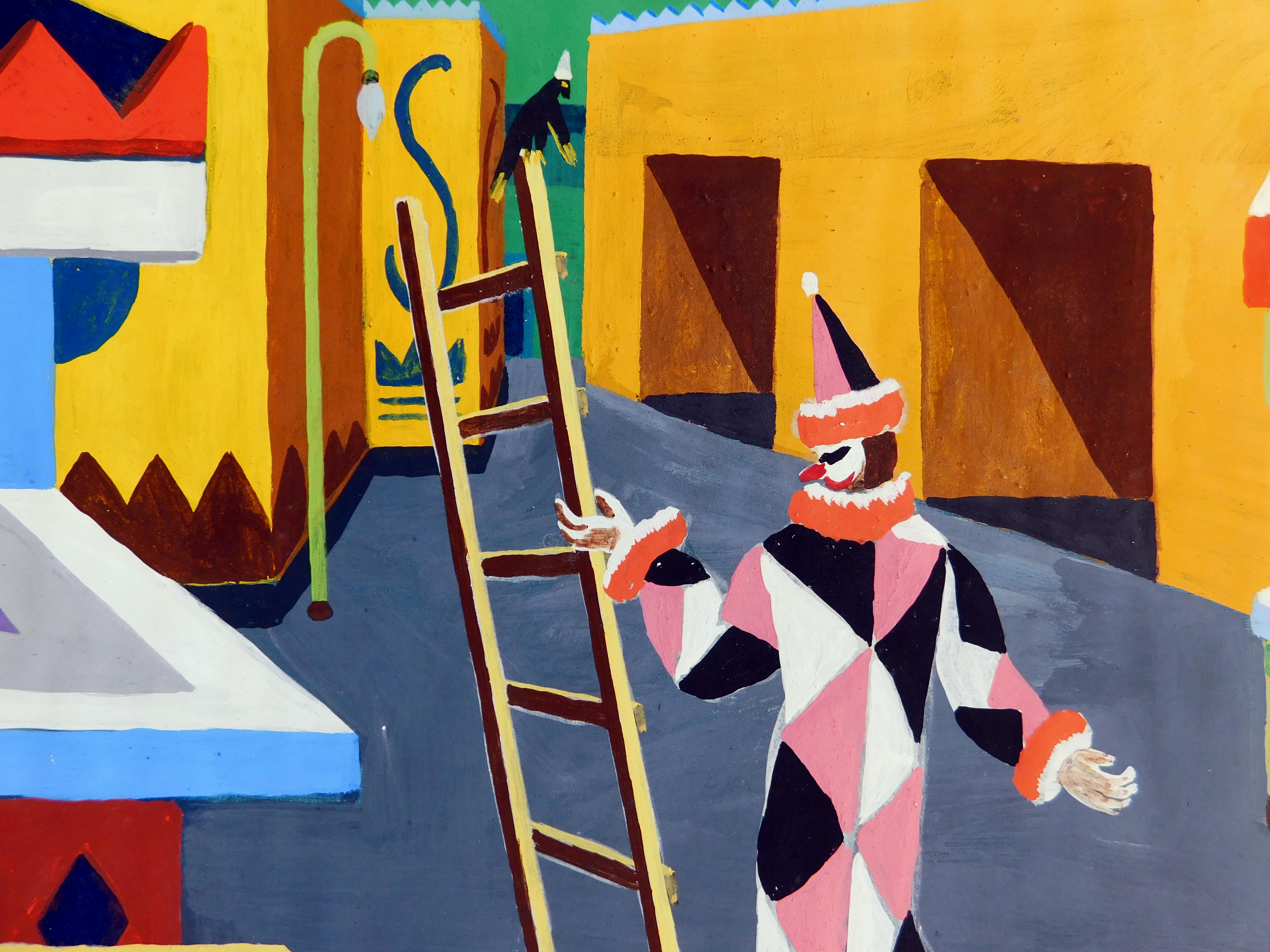 Willaim Hesthal California Künstler original Aquarell. Surreale und skurrile Zirkusszene mit Clowns.
Signiert unten rechts 