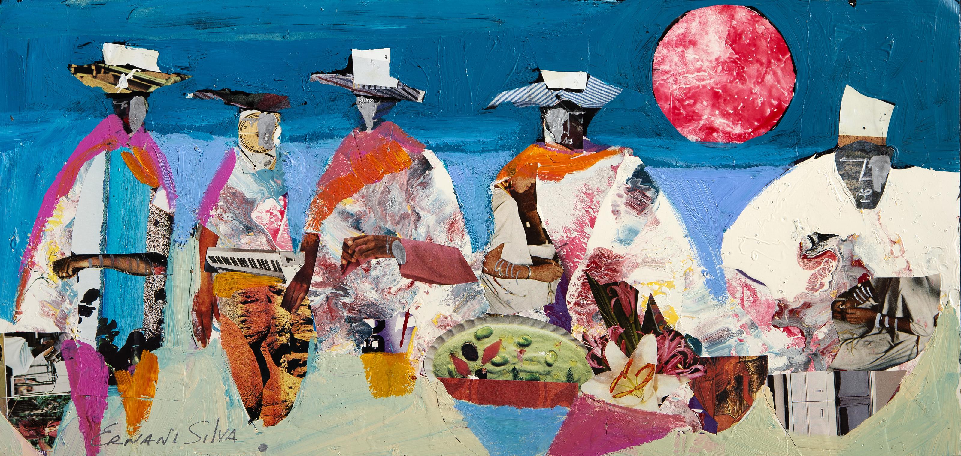 Ernani Silva, brasiliano - 5 figure, Medium: Acrilico, collage e smalto su tavola, firmato a pennarello in basso a sinistra, Dimensioni: 10,5 x 22 pollici (26,67 x 55,88 cm)