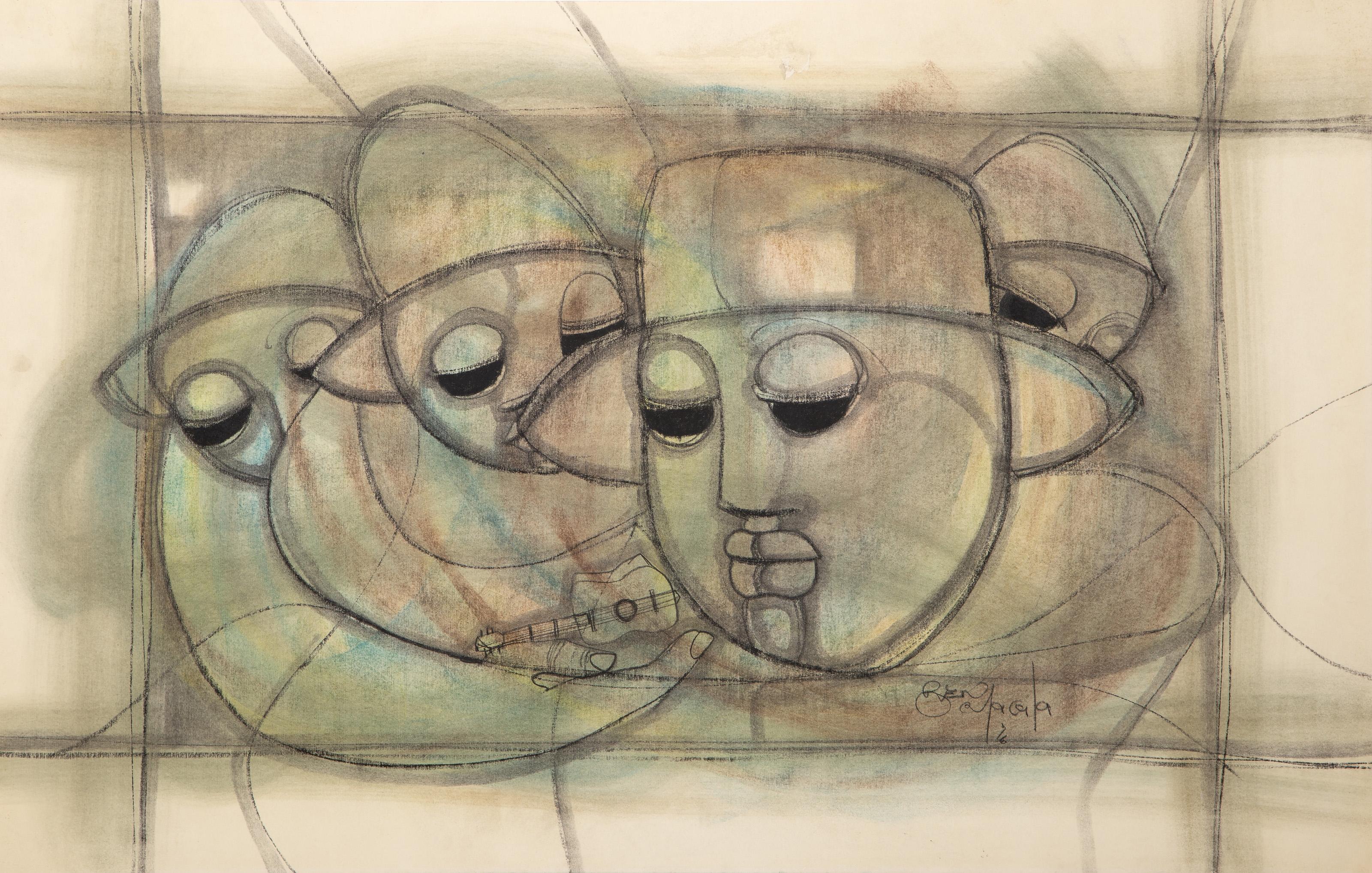 Four Faces, Modern Charcoal Drawing by Ben Macala
