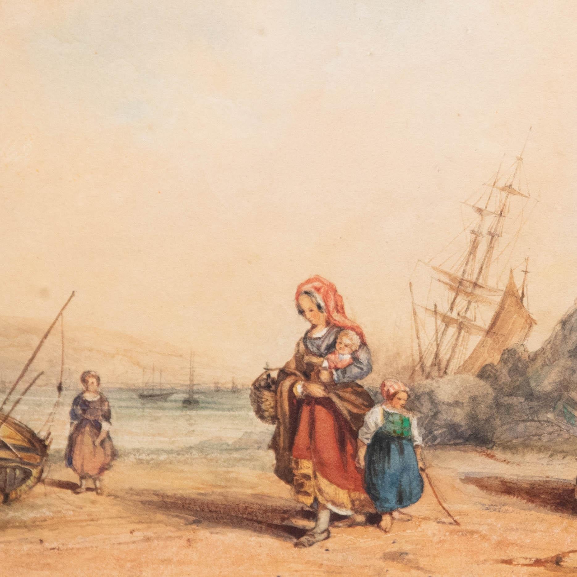 Aquarelle de l'English School du 19e siècle - Pêcheuse et enfants - Beige Figurative Art par Unknown