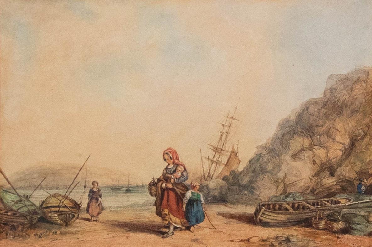 Aquarelle de l'English School du 19e siècle - Pêcheuse et enfants - Art de Unknown
