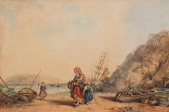 English School 19th Century Watercolour - Fisherwoman & Children