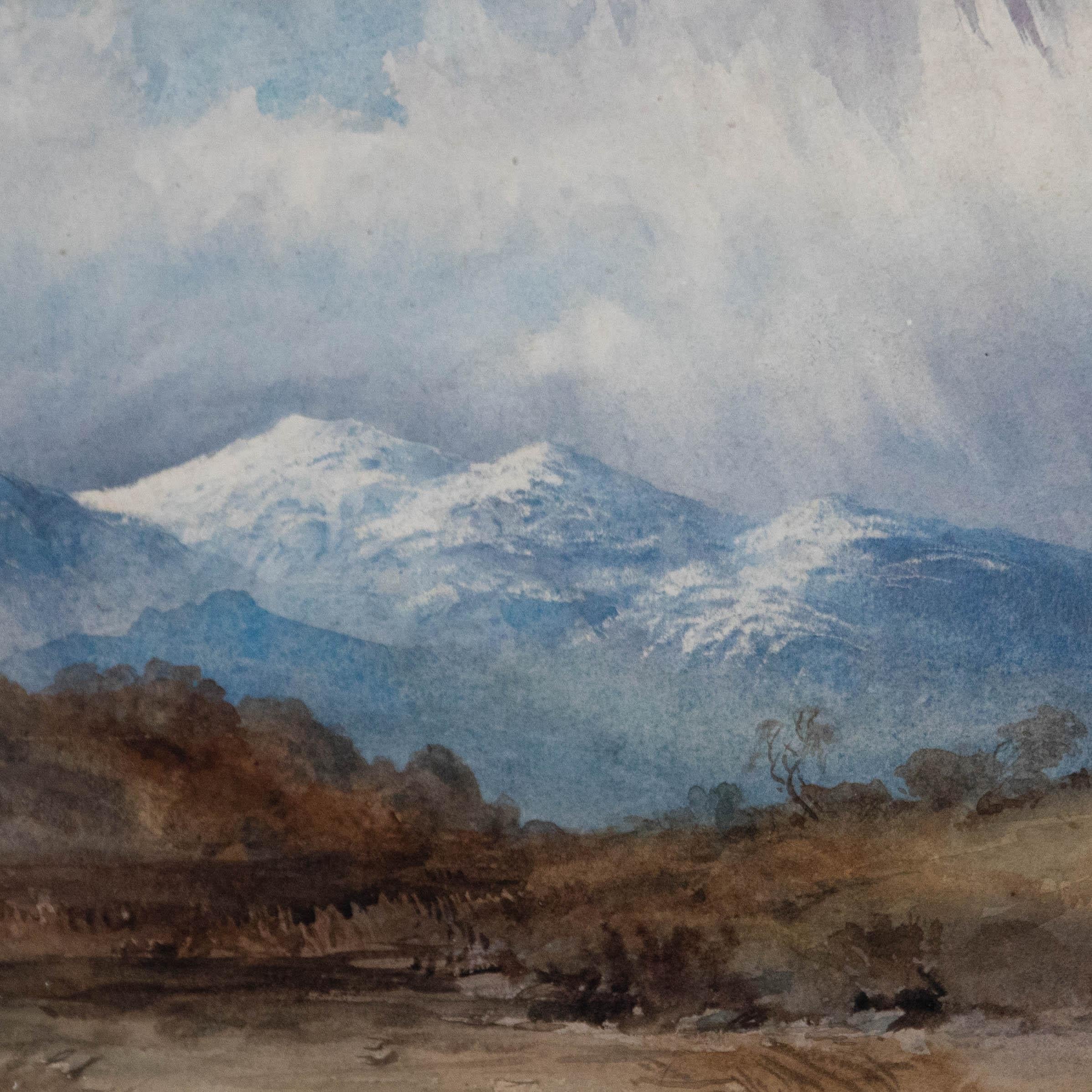 An early 20th century watercolour depicting alpine landscape with snow capped mountains in the distance. Well-presented in an elegant gilt-effect frame. On watercolour paper.