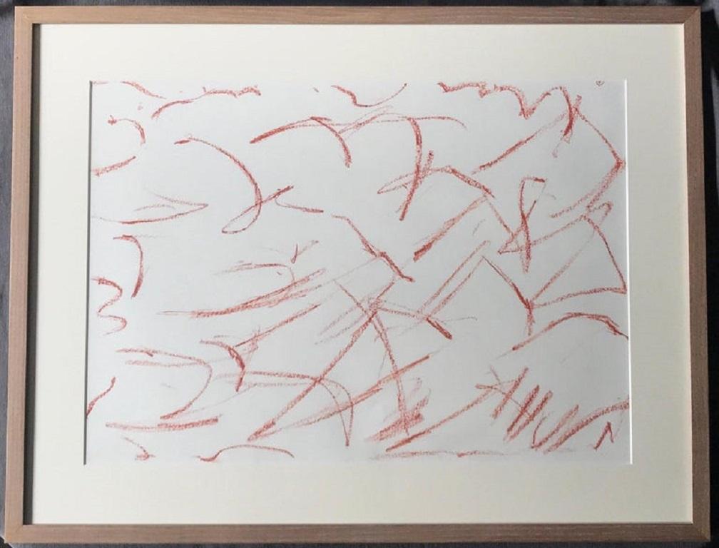 Disegno contemporaneo a gesso rosso Disegno di metà secolo con linee a gesso color terracotta alla maniera di Wood Wood in una cornice contemporanea in legno e tappetino. Stati Uniti, metà del XX secolo
Dimensioni: 29,5