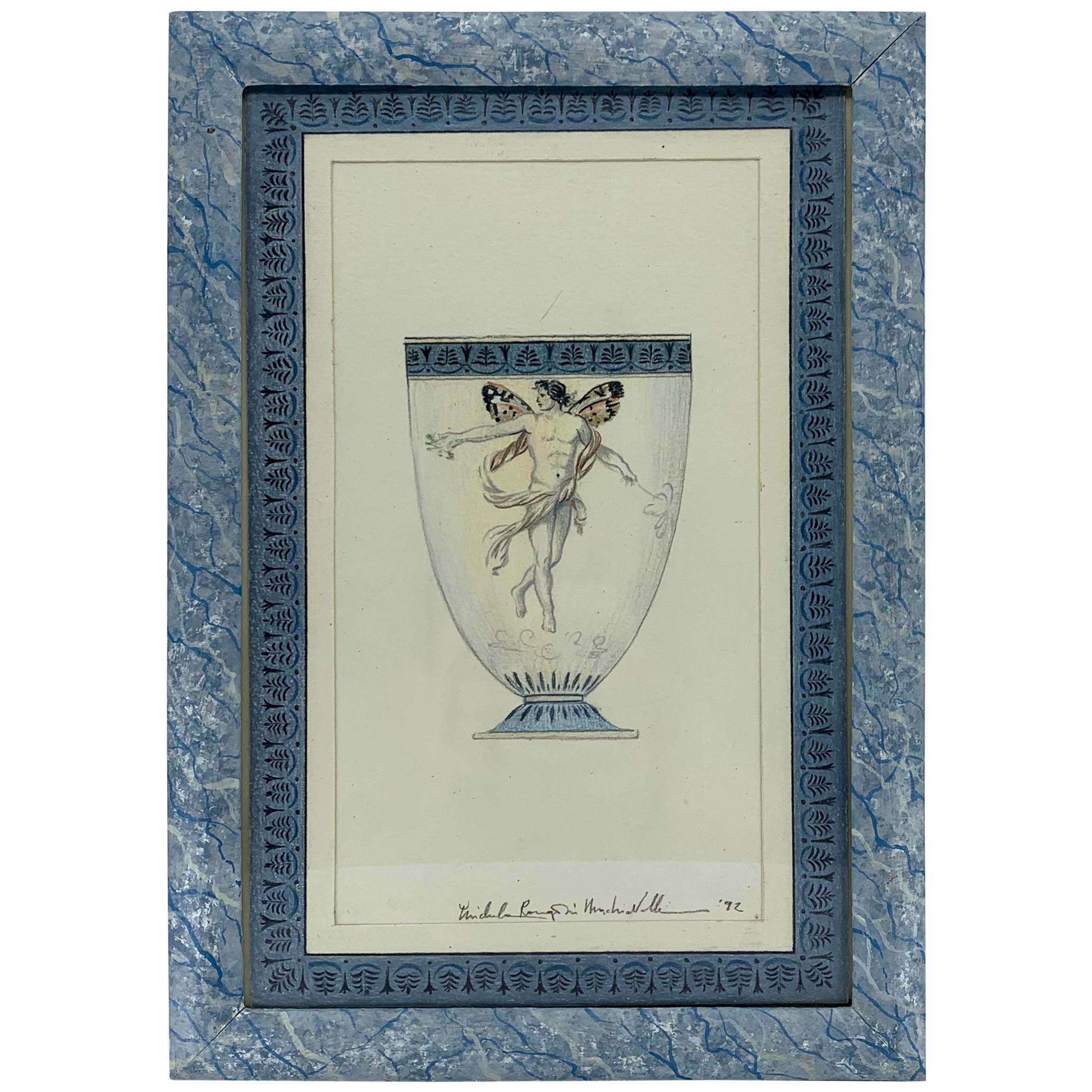 Dessin de figure mythologique néoclassique bleu et blanc - Art de Unknown