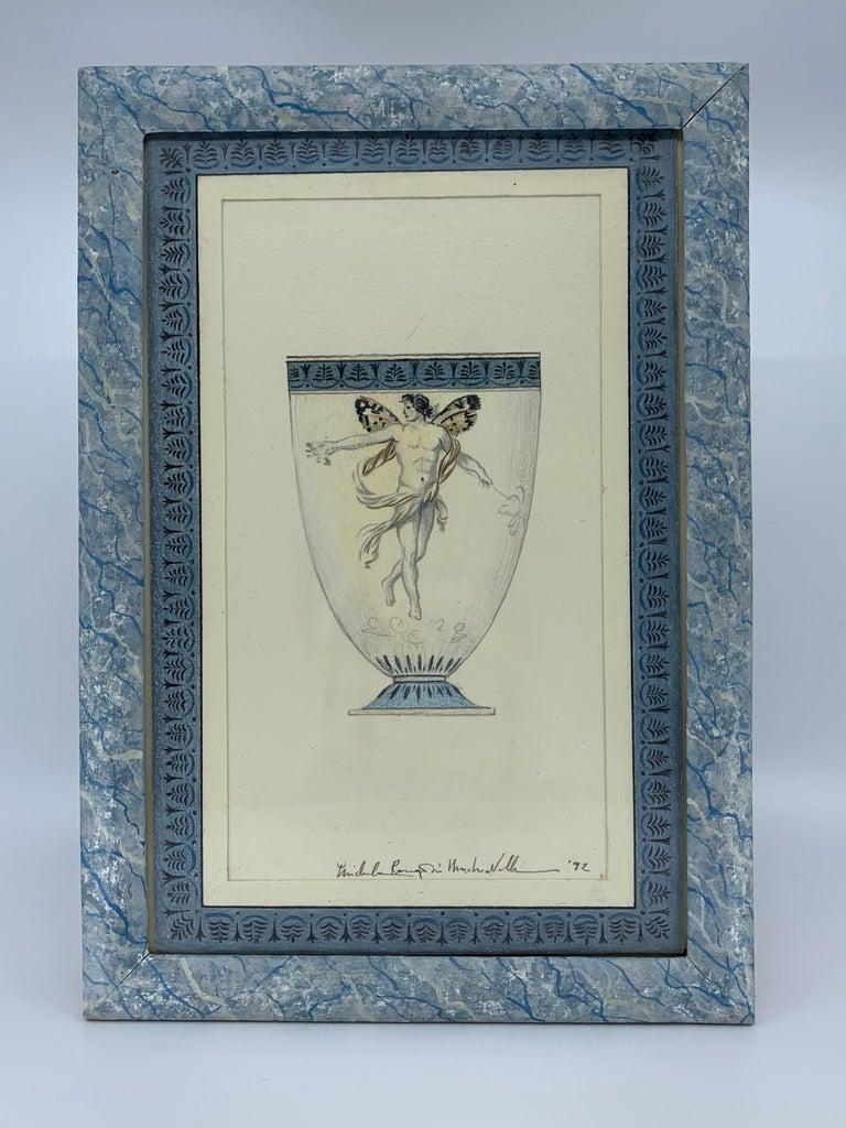 Dessin de figure mythologique néoclassique bleu et blanc. Belle pièce d'ensemble contemporaine composée d'un gobelet néoclassique dessiné à la main avec un mâle et un bord bordé d'un anthemion avec un bord bordé d'un anthemion dessiné à la main et