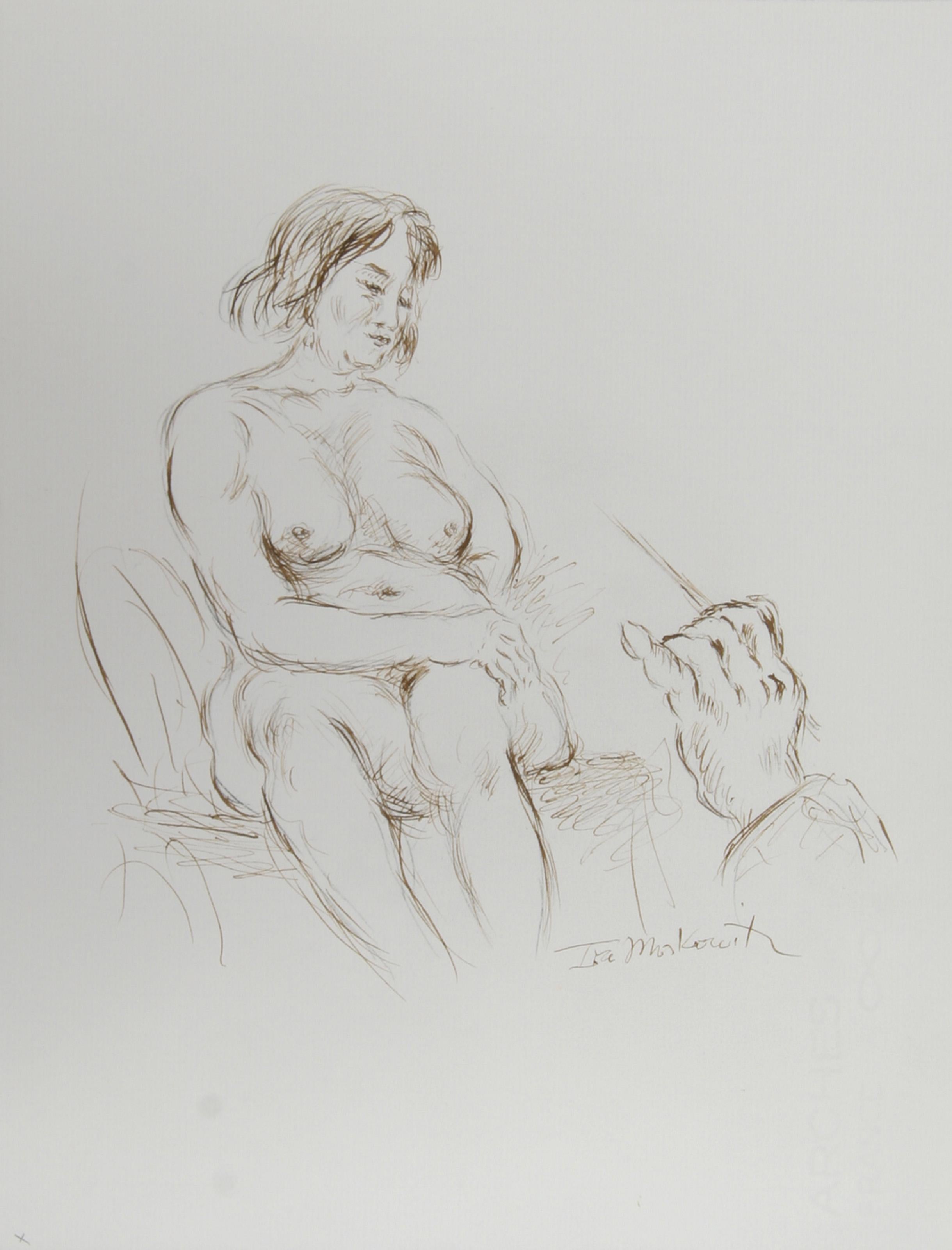  Ira Moskowitz, polonais/américain (1912-2001) -  Artistics and Nude Model - XIV, Année : circa 1989, Médium : Encre sur papier, signé, Dimensions : 13 in. x 10 in. (33.02 cm x 25.4 cm), Description : Vu de la position de l'artiste, ce dessin se