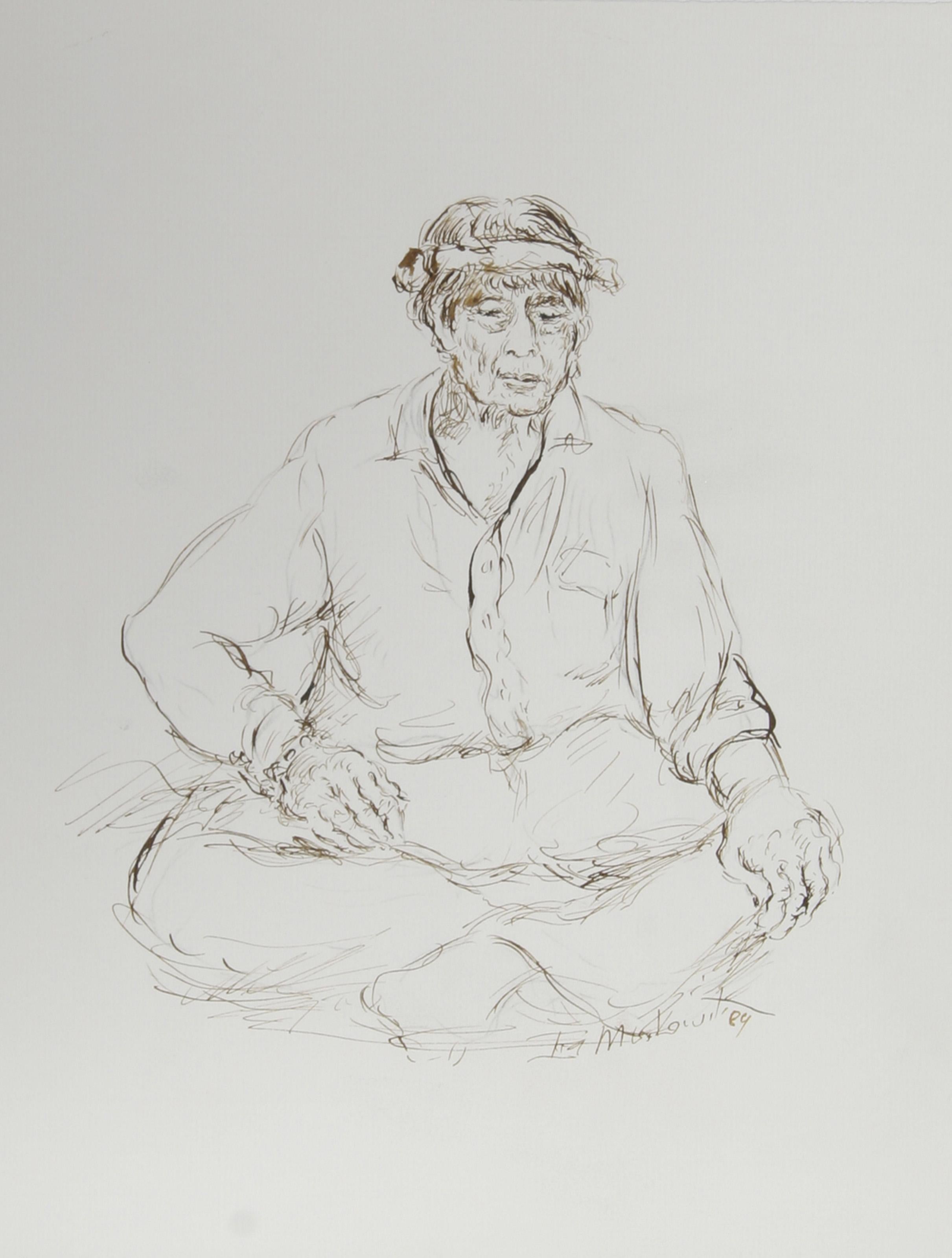  Ira Moskowitz, Polish/American (1912 - 2001) -  Man with Bandana, Year: circa 1989, Medium: Ink on Paper, signed, Size: 13 in. x 10 in. (33.02 cm x 25.4 cm), Description: Filled with history and charm, this portrait of an older gentleman wearing a