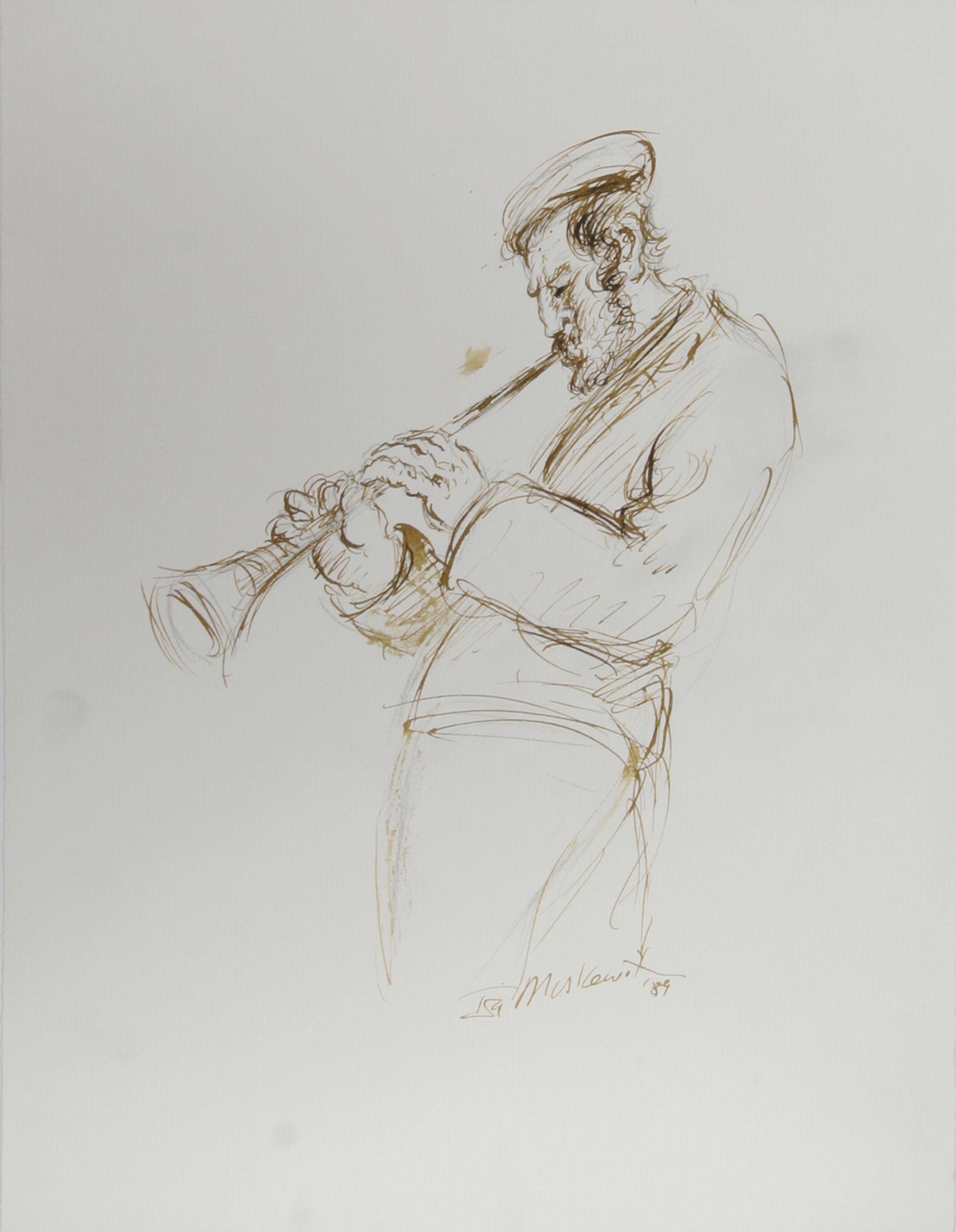 Horn Player - III, Folk Art Ink on Paper by Ira Moskowitz