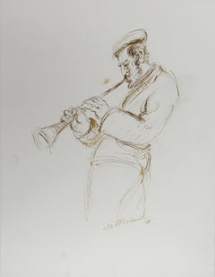 Horn Player - III, Folk Art Ink on Paper by Ira Moskowitz