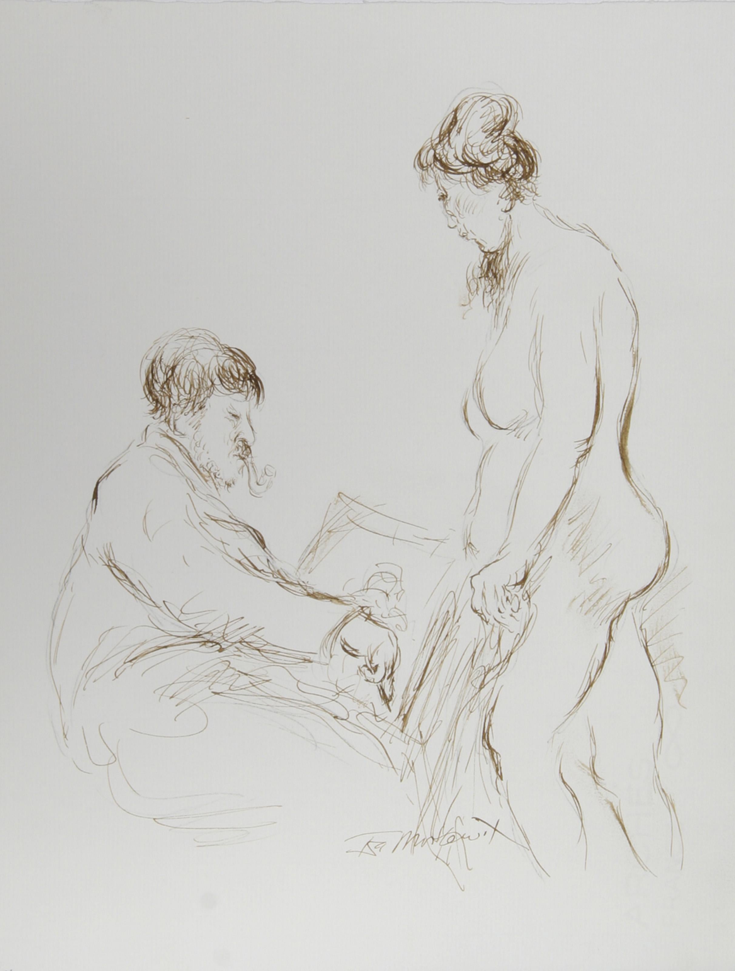 Artiste et nu - II, encre moderne sur papier d'Ira Moskowitz