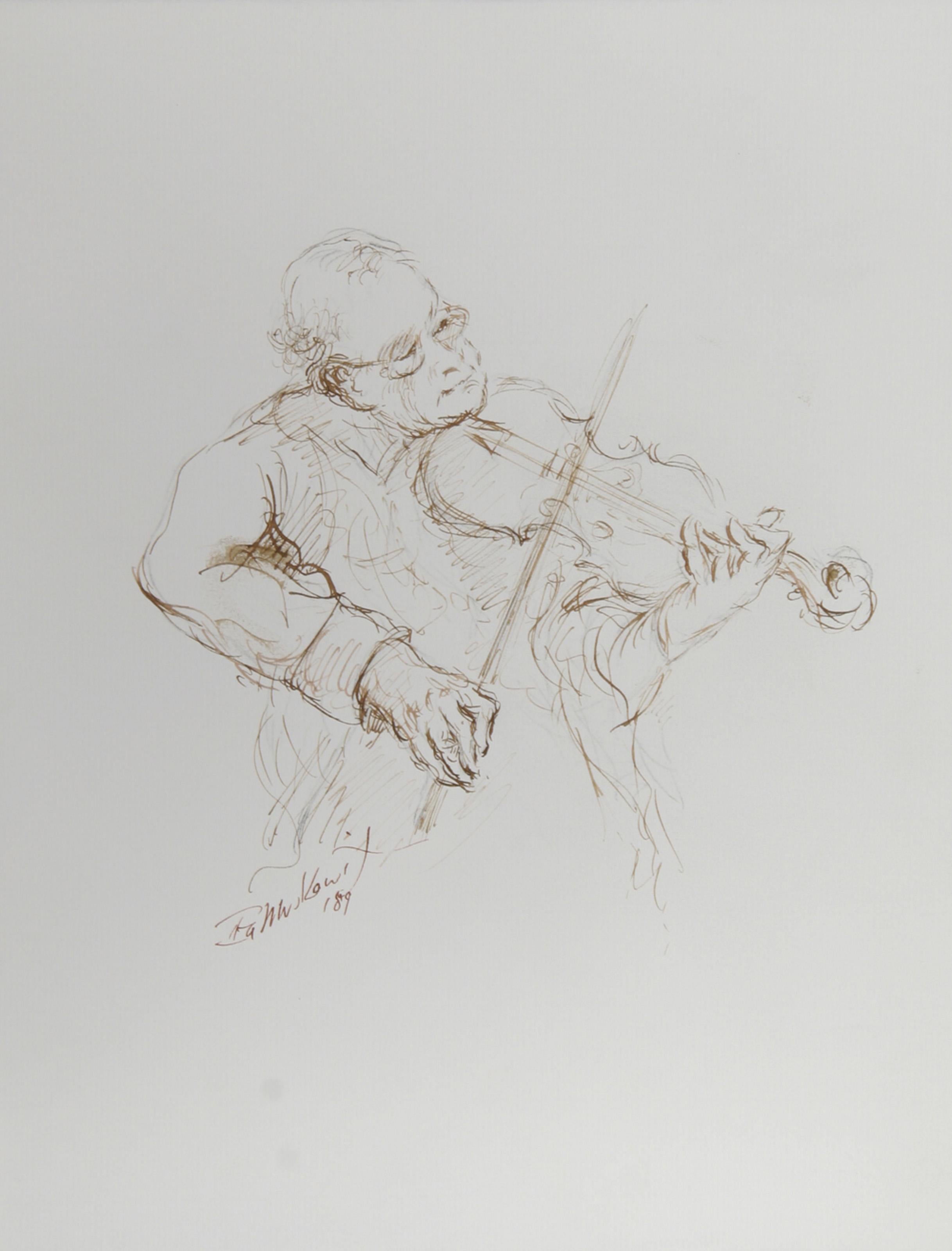 Fiddler - VII, Folk Art Ink on Paper by Ira Moskowitz
