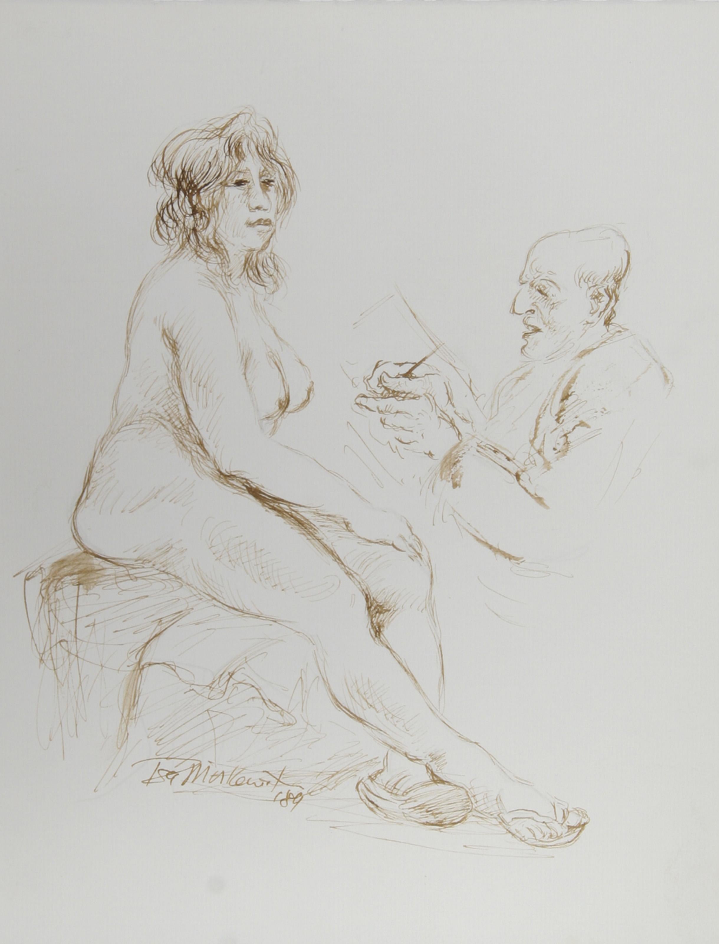  Ira Moskowitz, Polish/American (1912 - 2001) -  Artist and Nude Model - VIII, Year: 1989, Medium: Ink on Paper, signed, Size: 13 in. x 10 in. (33.02 cm x 25.4 cm), Description: This drawing by Ira Moskowitz focuses on the close relationship and